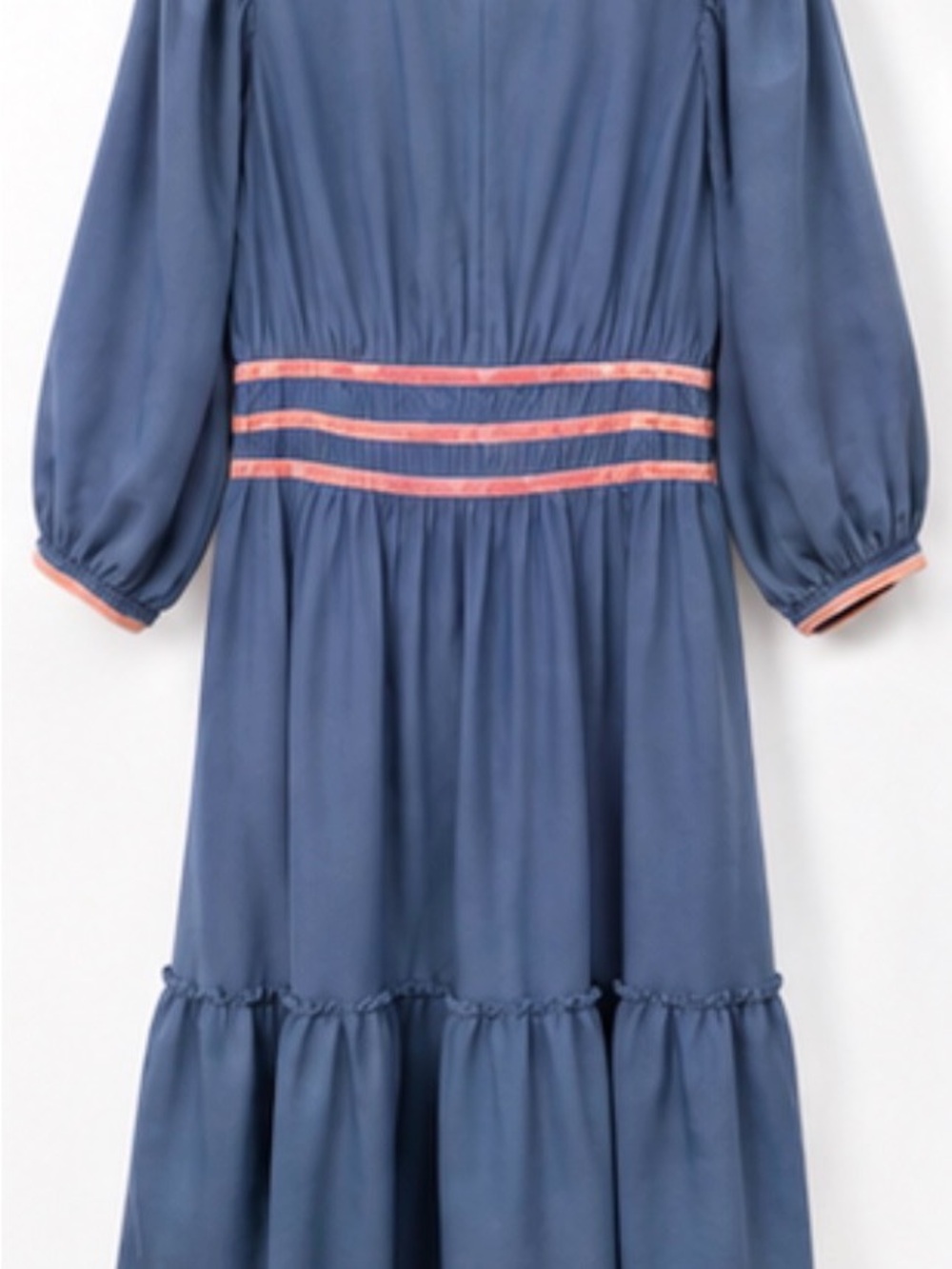 Umgee Sample Boutique Midi Dress Navy Blue Velvet Trim 3/4 Puff Sleeve - Picture 2 of 7